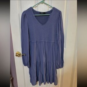 Zesica Dusty Blue Large Smocked Tiered V Neck Mini Dress